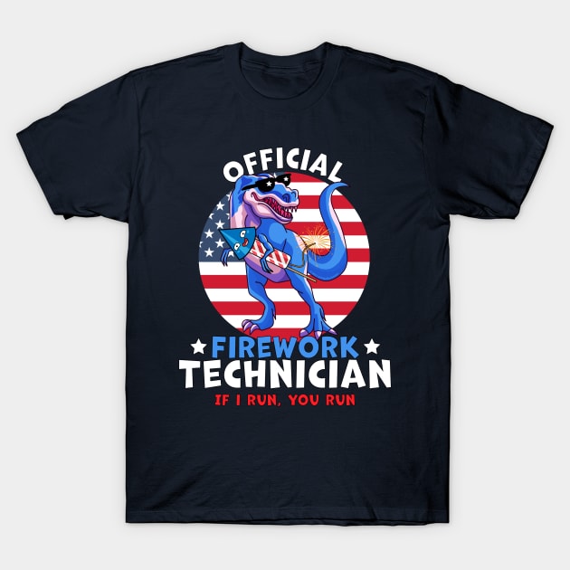 Official Firework Technician 4th of July Dinosaur T-rex T-Shirt by OrangeMonkeyArt